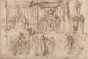 Studies for an Altarpiece with the Virgin Enthroned, Attended by Four Saints (recto); Various Figure Studies, Some Possibly for a Deposition of Christ (verso), Polidoro da Caravaggio (Italian, Caravaggio ca. 1499–ca. 1543 Messina), Pen and brown ink, some brush and brown wash